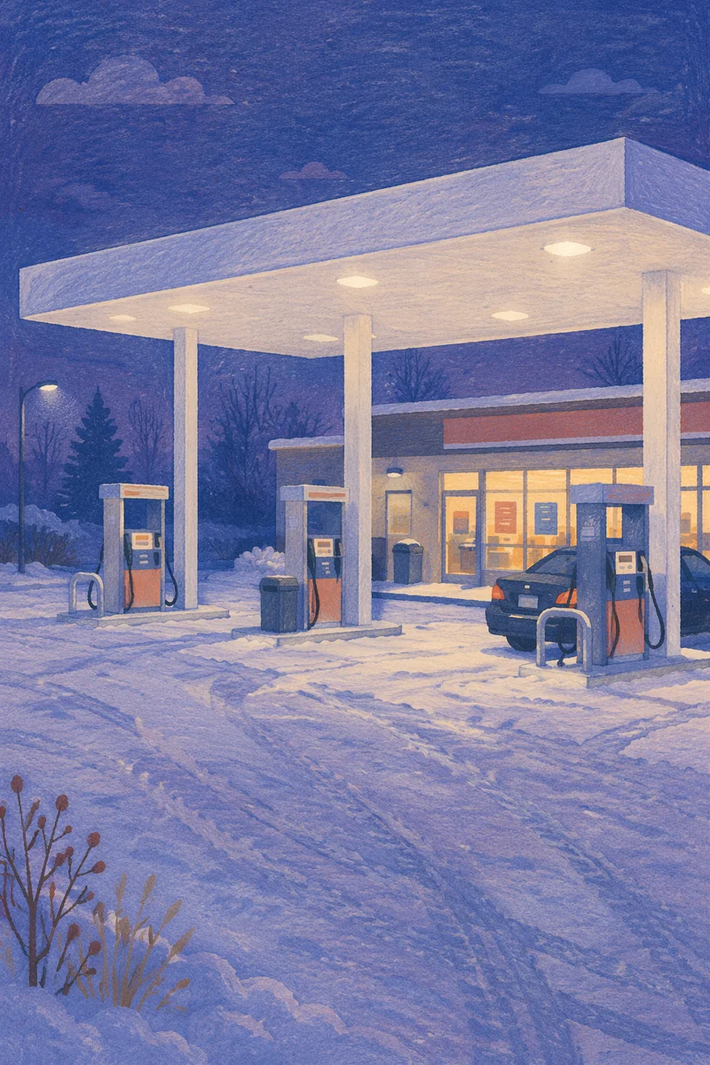 Evening Car Fueling at Snowy Gas Station