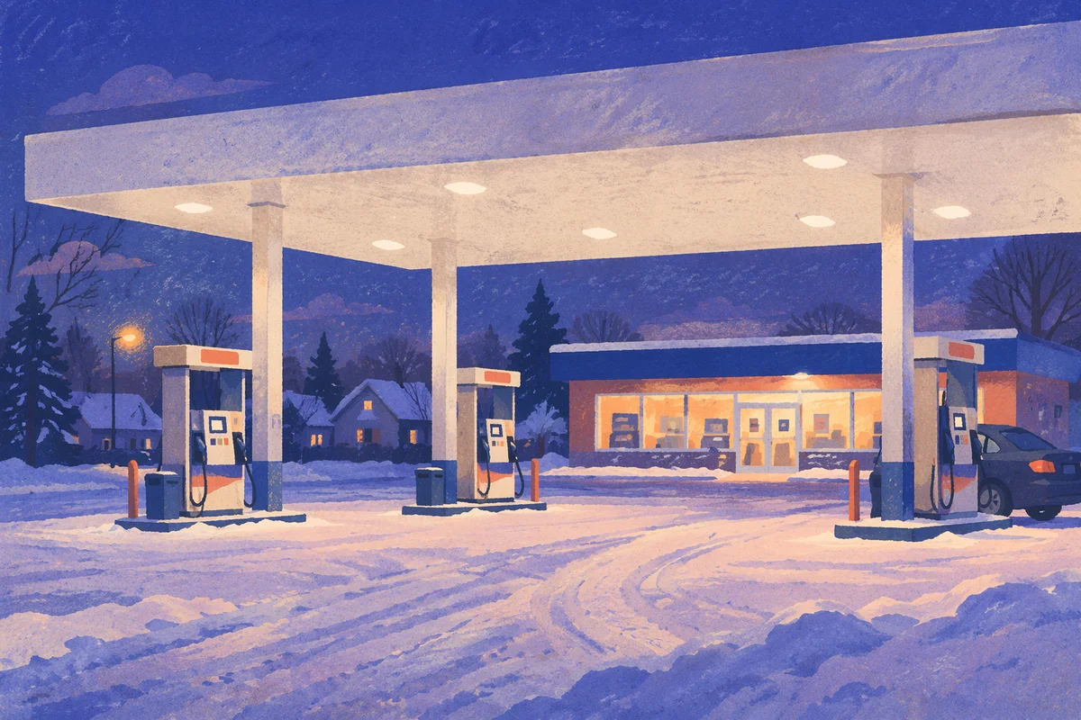 Winter Evening Gas Station Fueling Scene