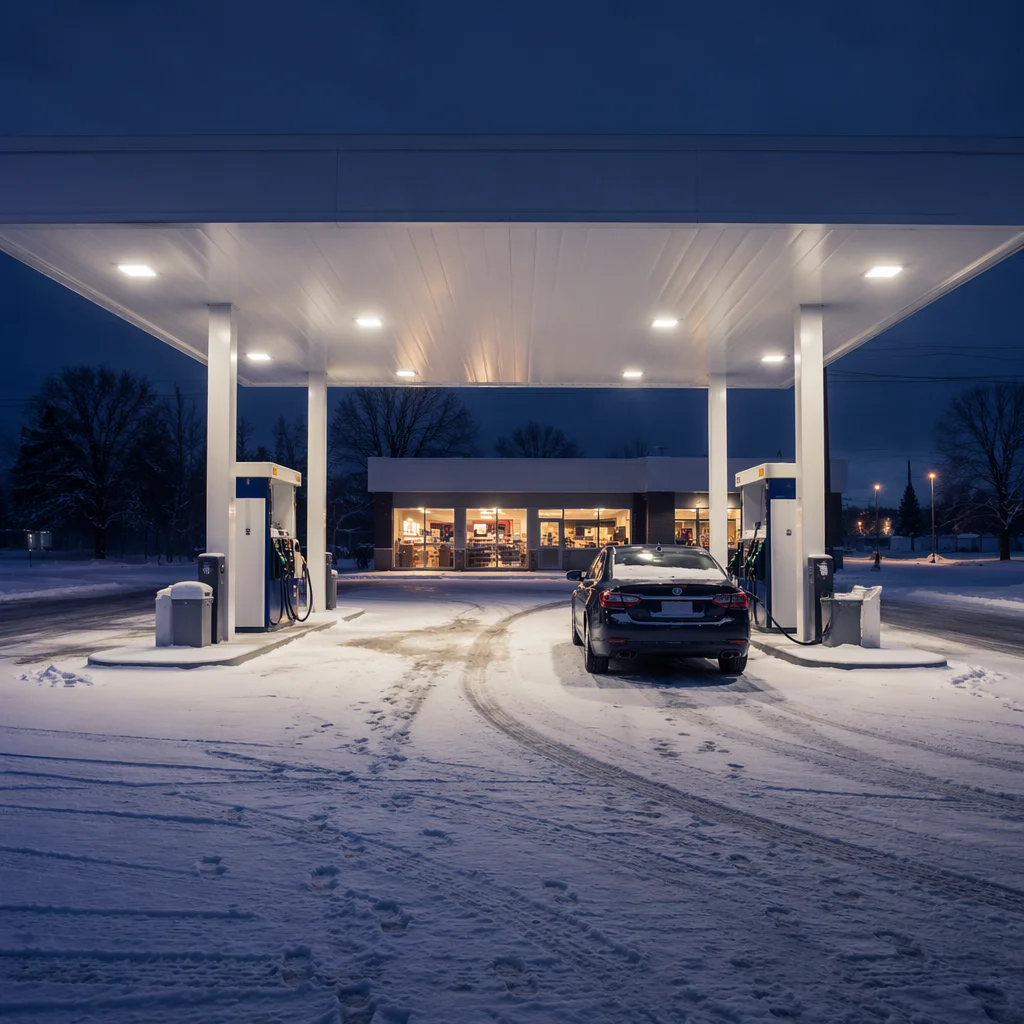 Evening Car Fueling at Snowy Gas Station