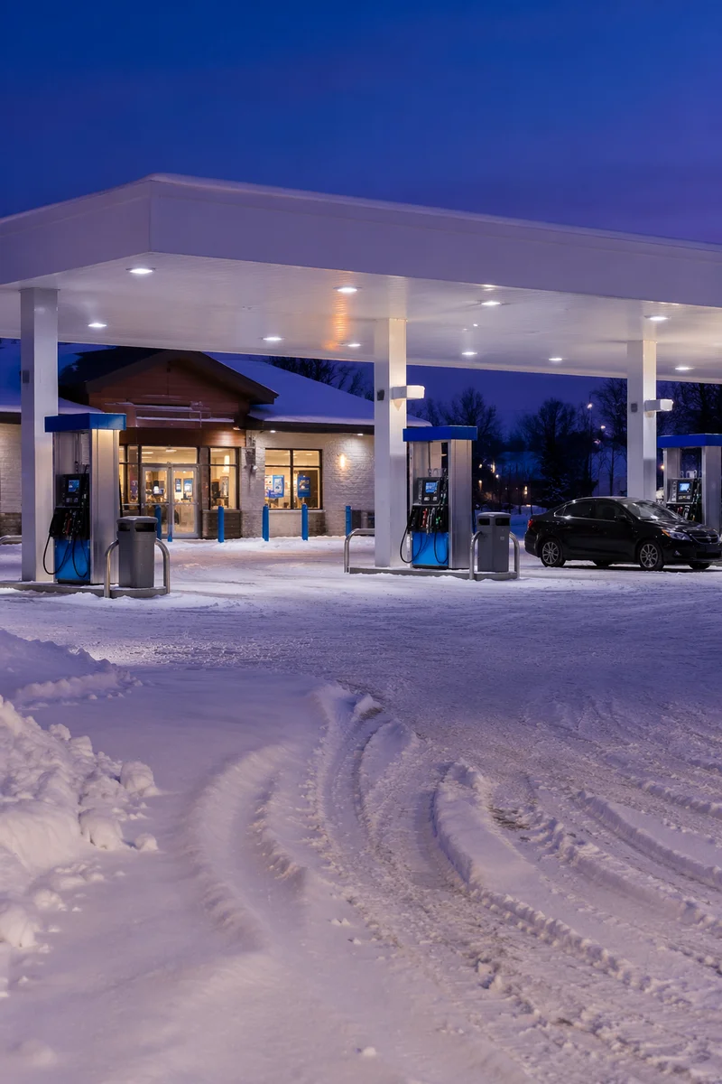 Evening Car Fueling at Winter Gas Station