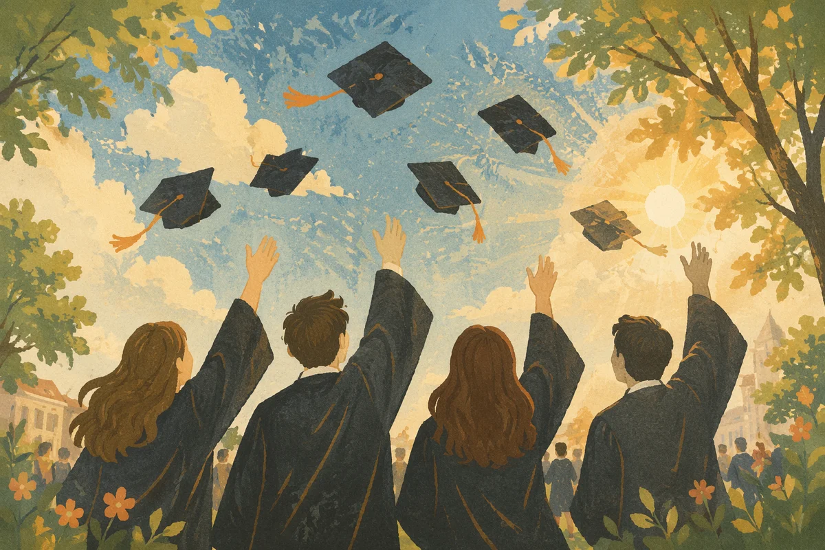 Graduation Caps Rising Over Spring Campus