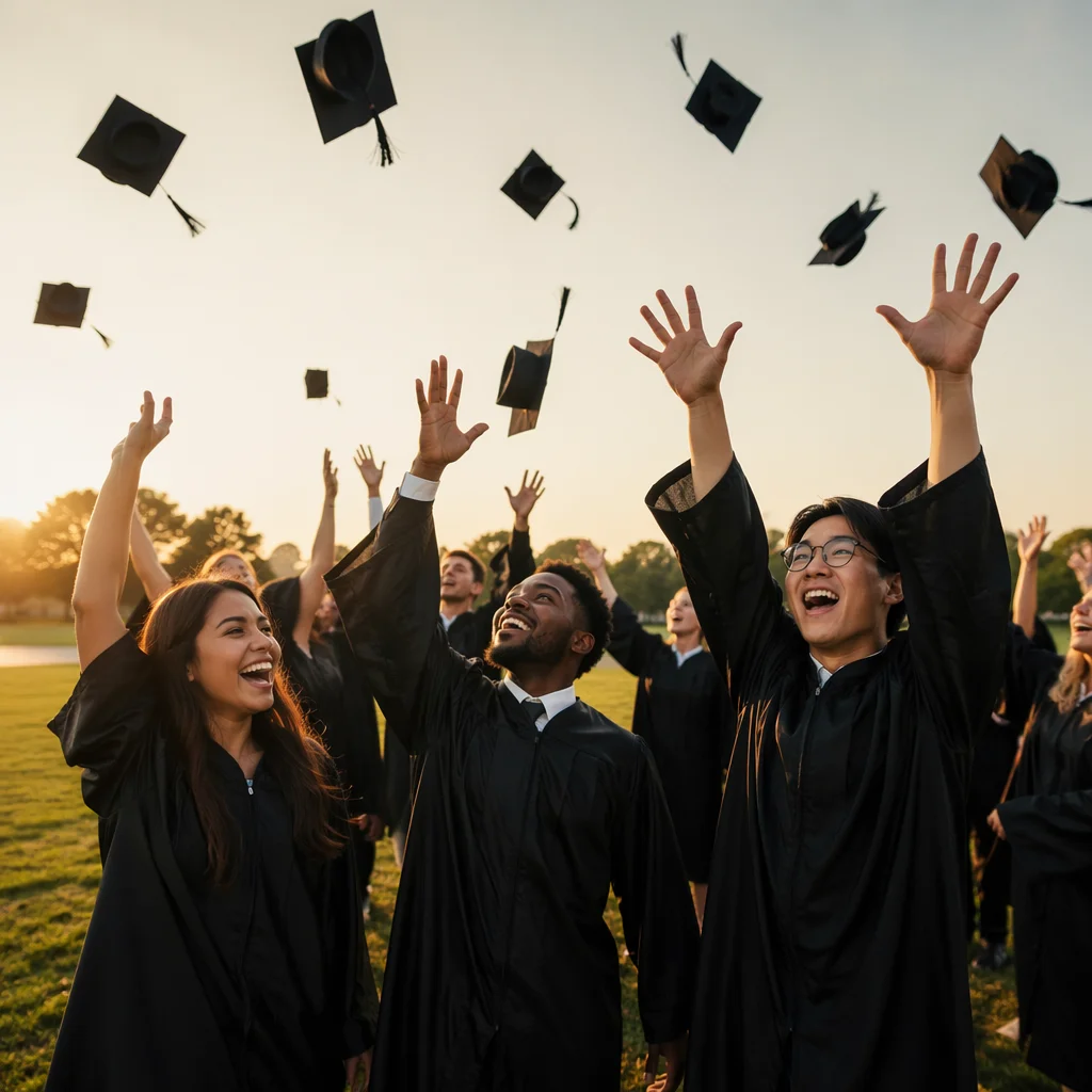 Graduates Throwing Caps on Sunny Lawn