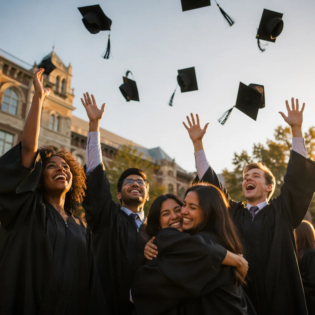 Graduation Caps Flying Above Joyful Students