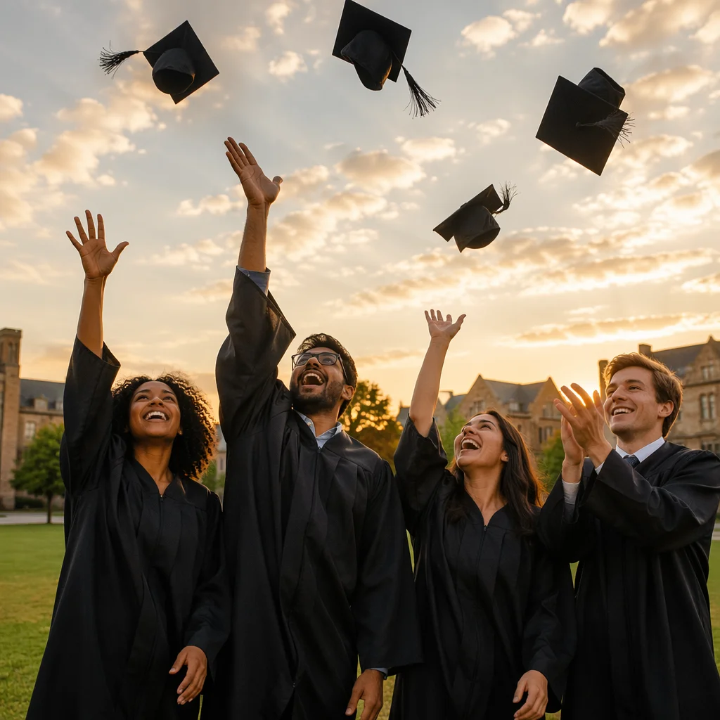 Graduates Tossing Caps at Golden Hour