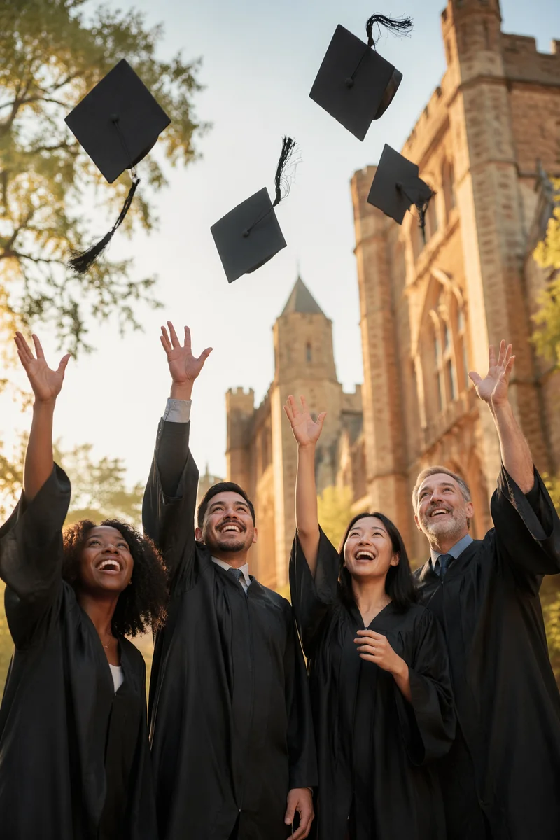 Graduates Throwing Caps in University Courtyard