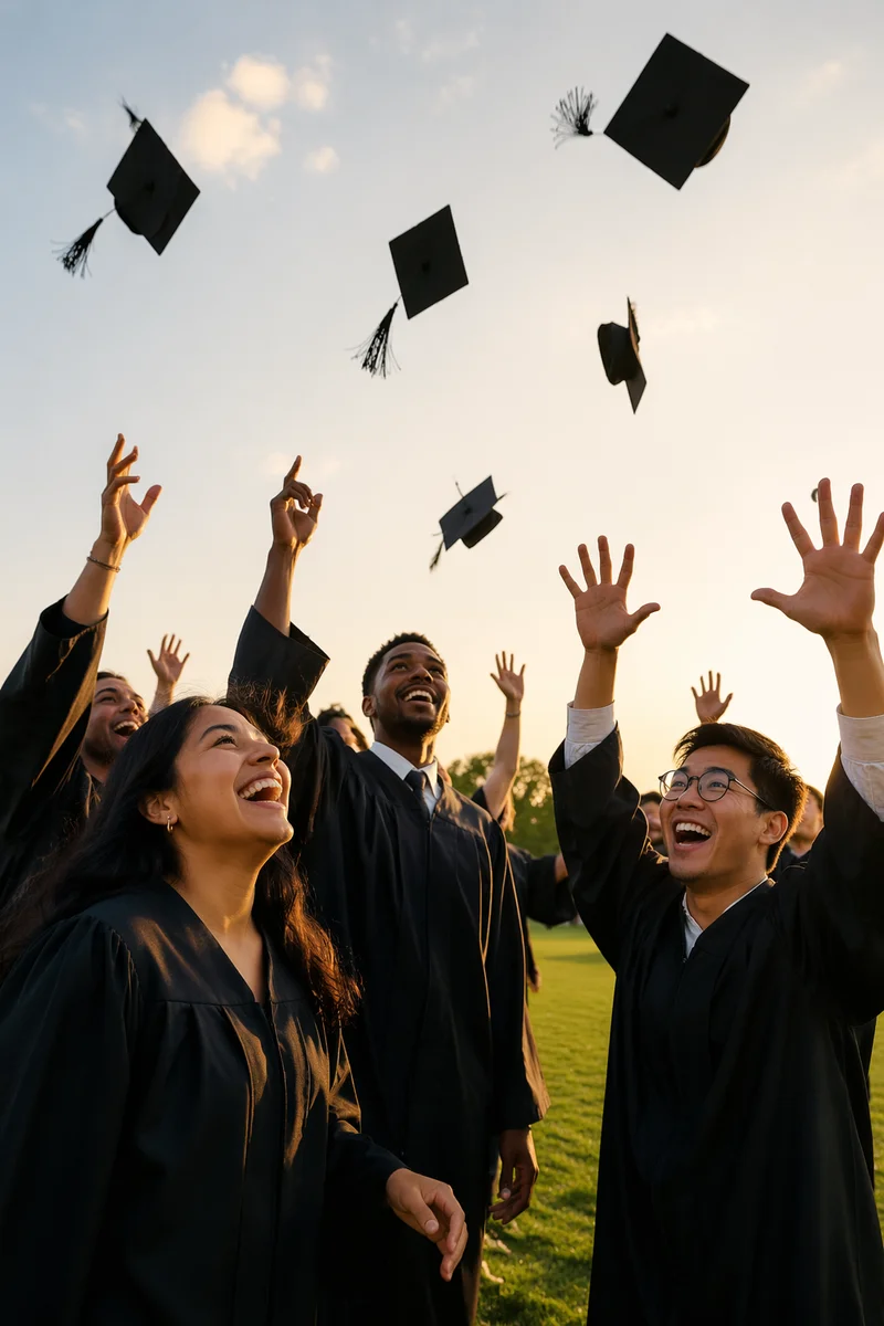 Graduates Tossing Caps on Sunny Lawn