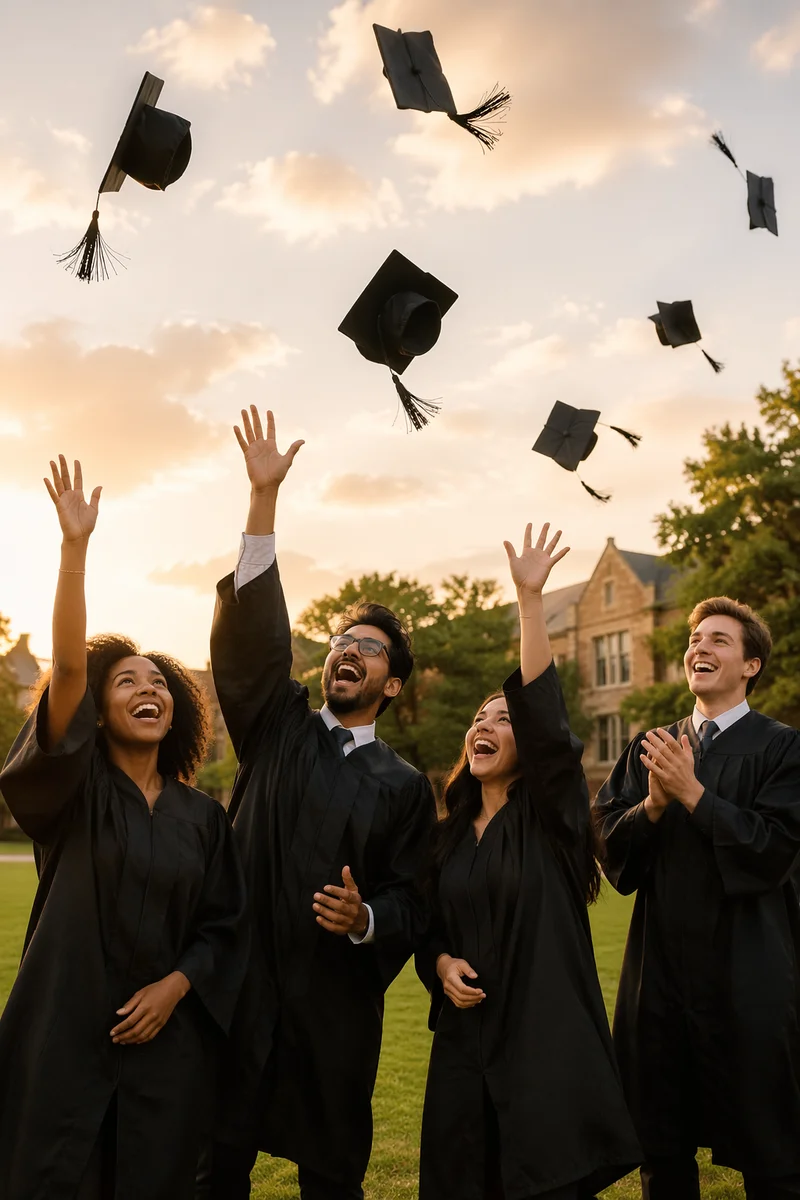 Graduates Tossing Caps at Golden Hour