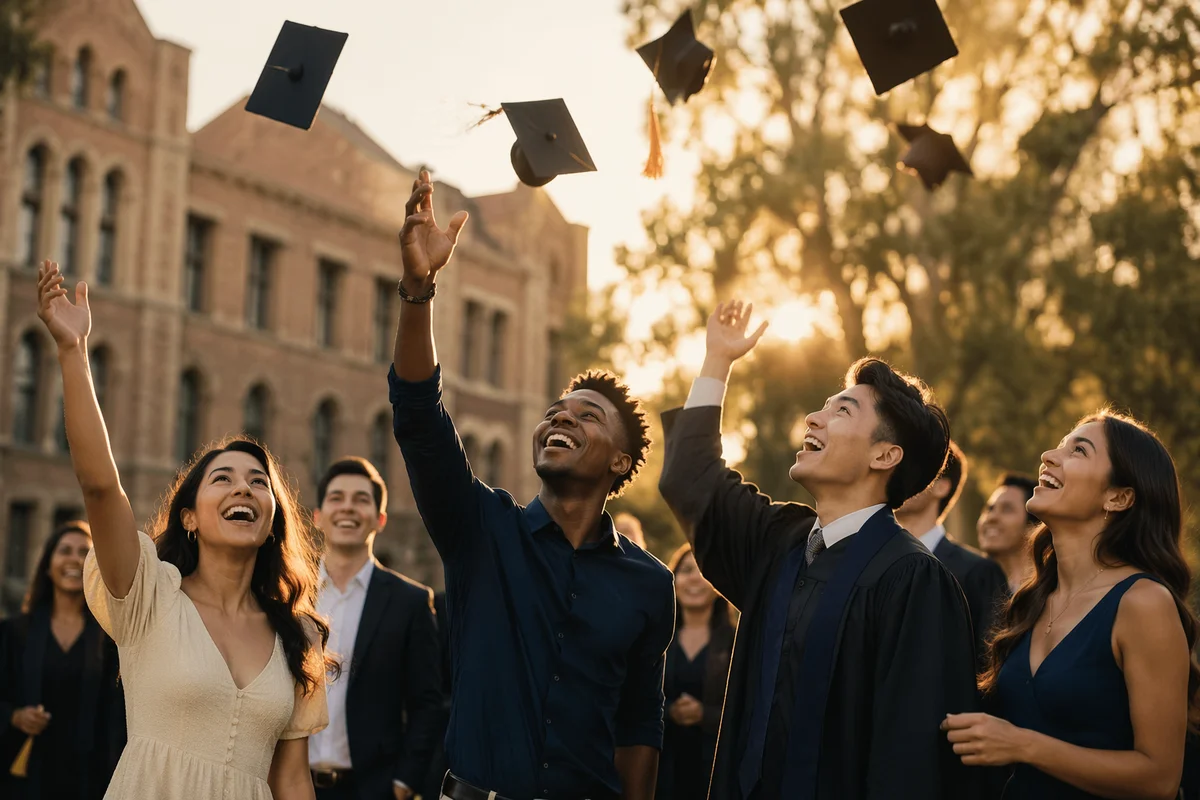 Graduation Caps Flying Above College Lawn