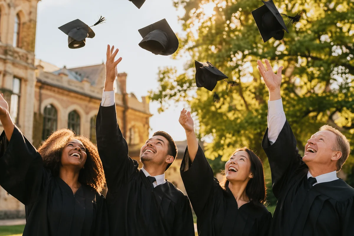 Graduates Throwing Caps in Sunny Courtyard
