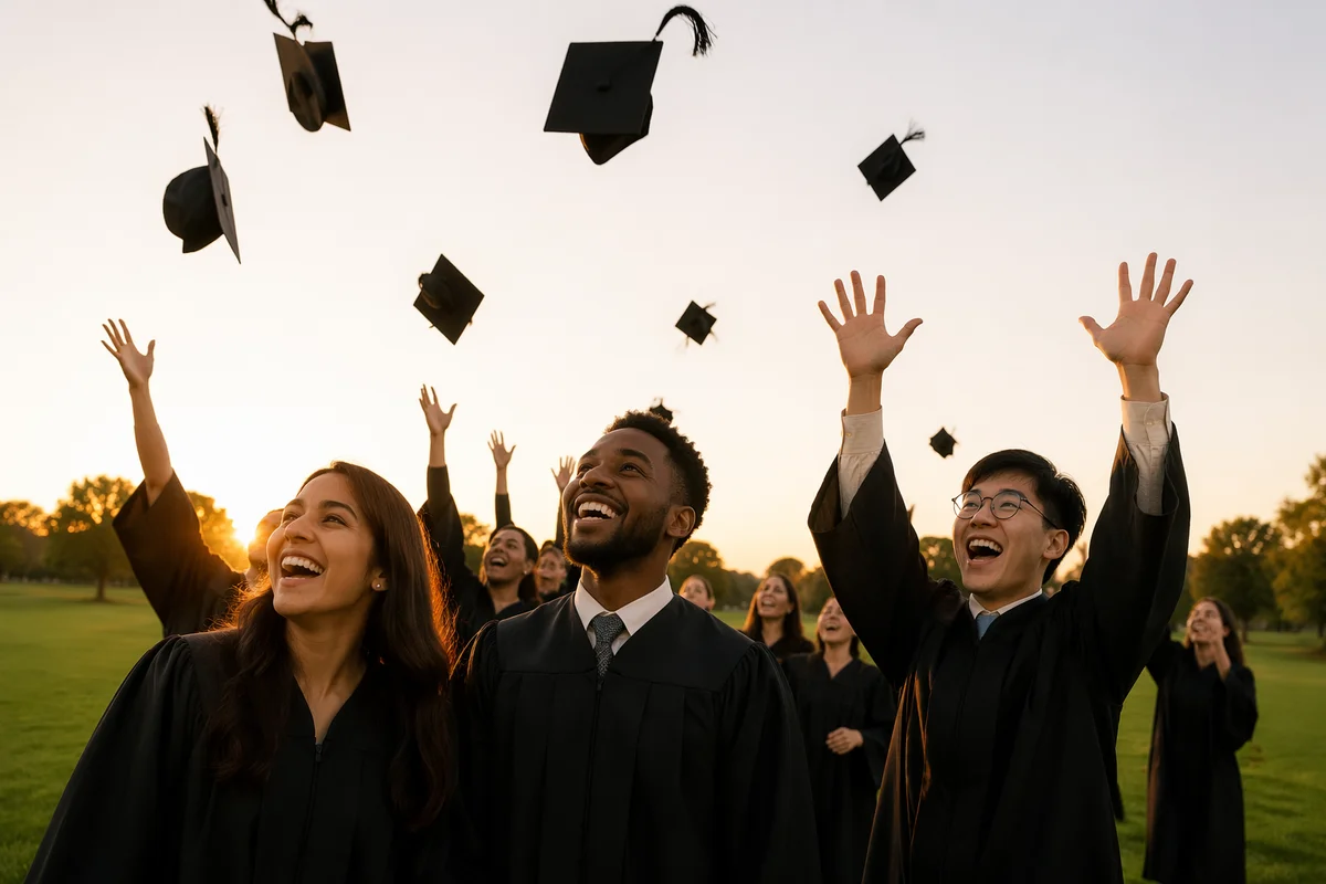 Graduates Throwing Caps on Sunny Lawn