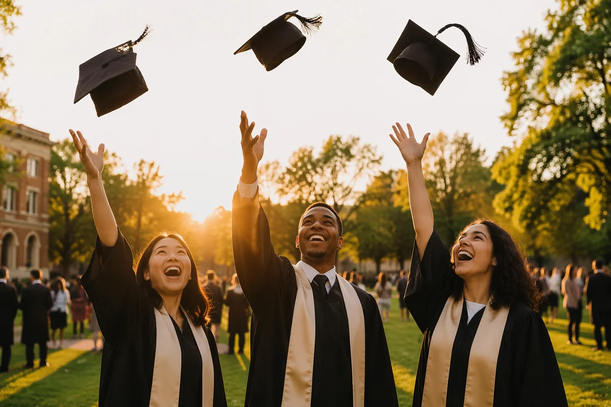 Graduates Throwing Caps on Sunny Campus Lawn