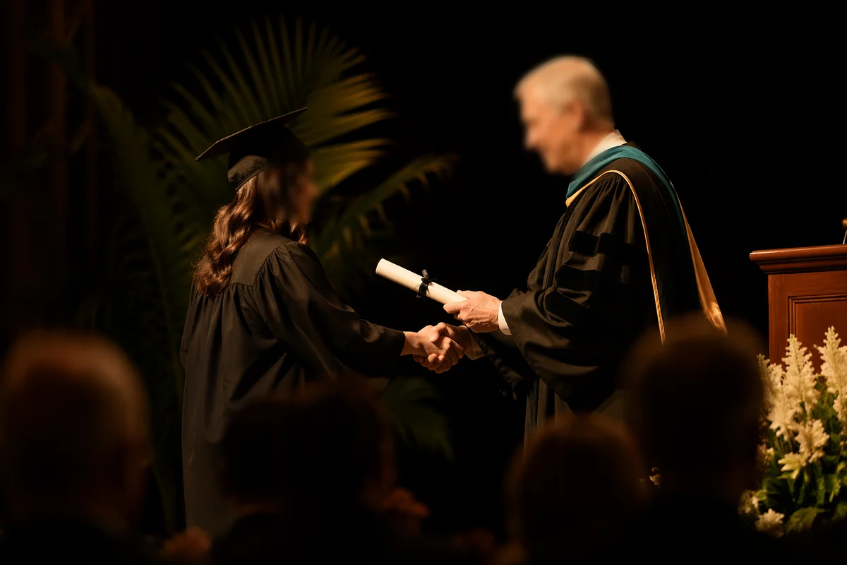 Graduation Stage Handshake with Diploma Spotlight