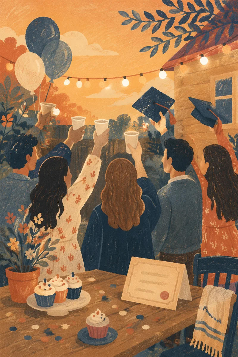 Graduation Friends Celebrating on Golden Patio