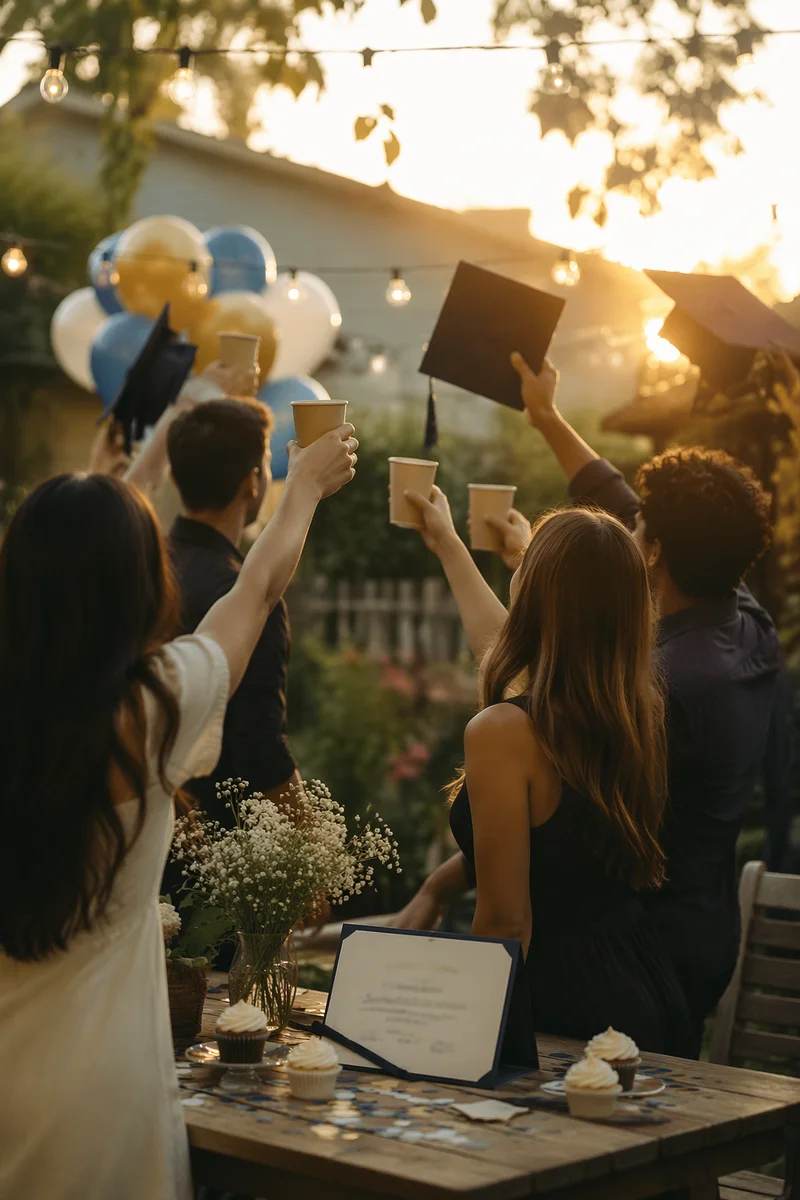 Graduation Friends Celebrating on Golden Hour Patio