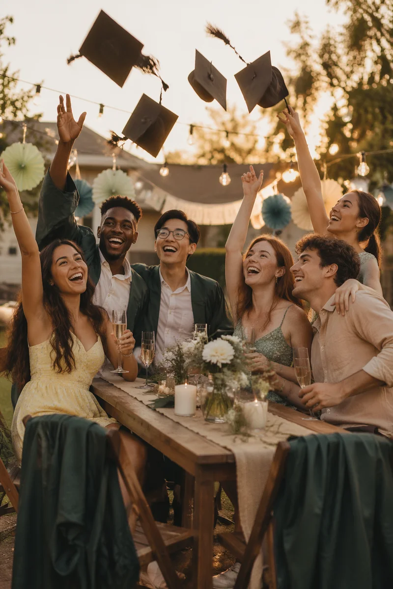 Friends Celebrating Graduation Party at Sunset