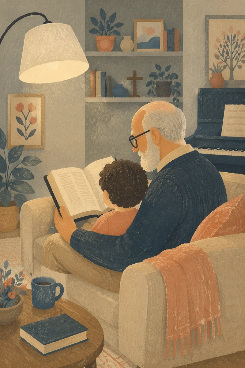 Grandfather and Grandchild Reading Bible Together