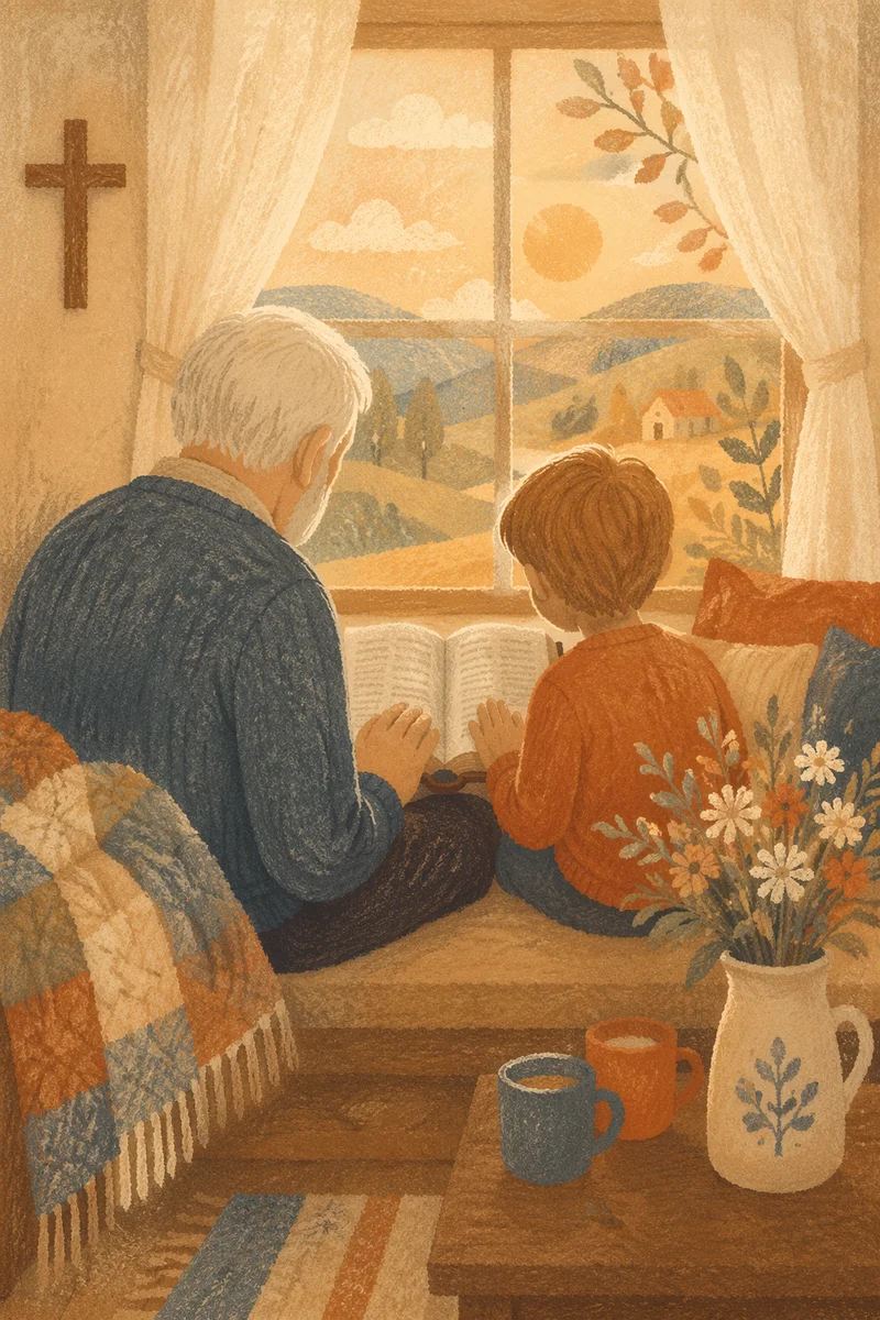 Grandfather and Grandchild Reading Bible at Home
