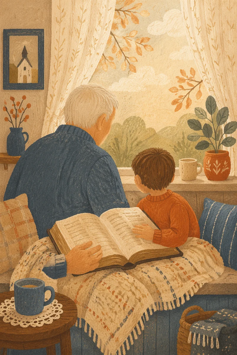 Grandfather and Grandchild Reading Bible by Window