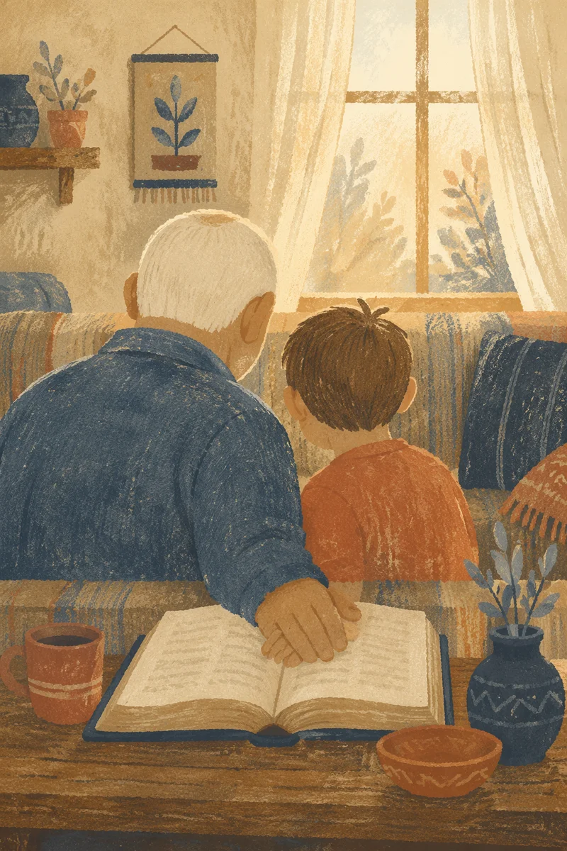 Grandfather and Grandchild Reading Bible Together