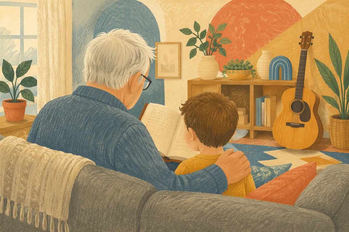 Grandfather and Grandchild Reading Bible at Home