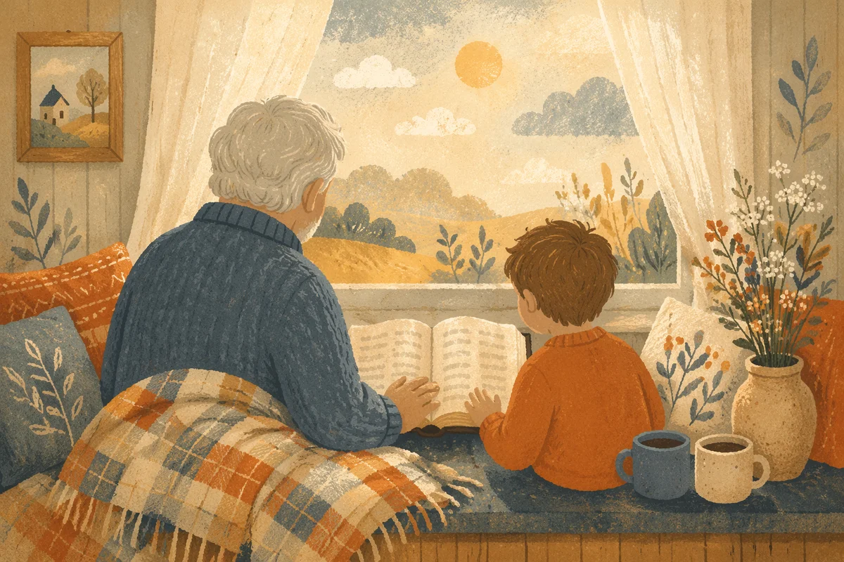 Grandfather and Grandchild Reading Bible at Home