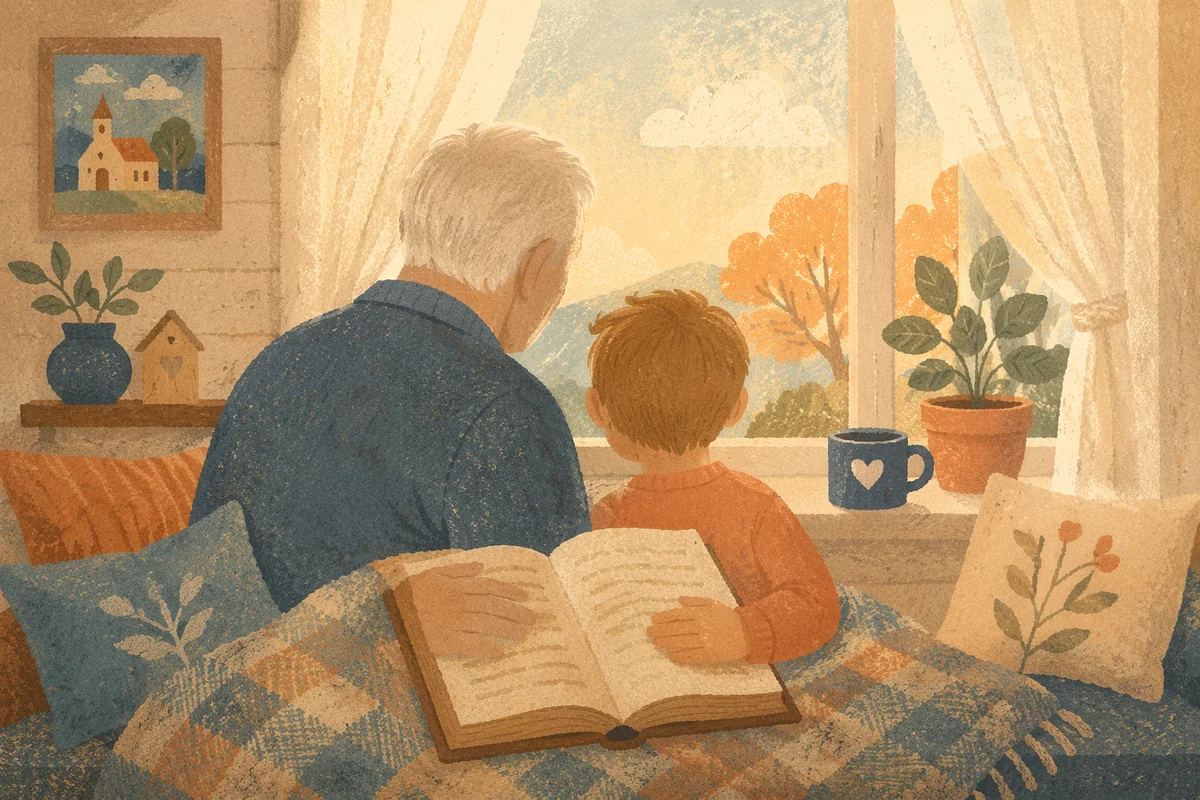 Grandfather and Grandchild Reading Bible by Window