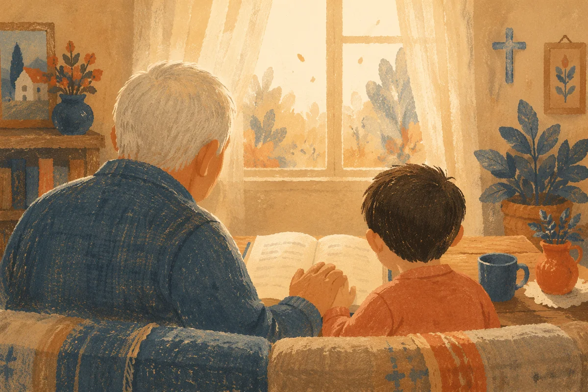 Grandfather and Grandchild Reading Bible Together