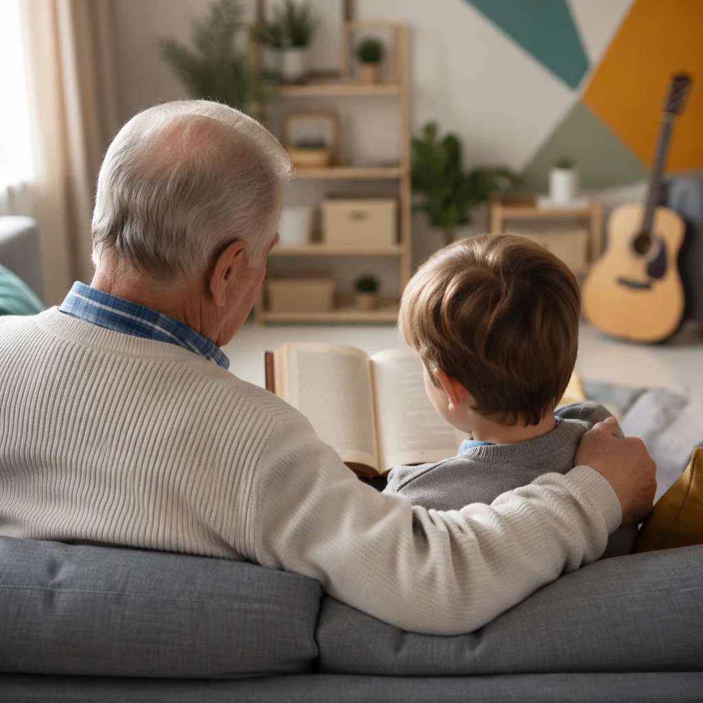 Grandfather and Grandchild Reading Bible at Home