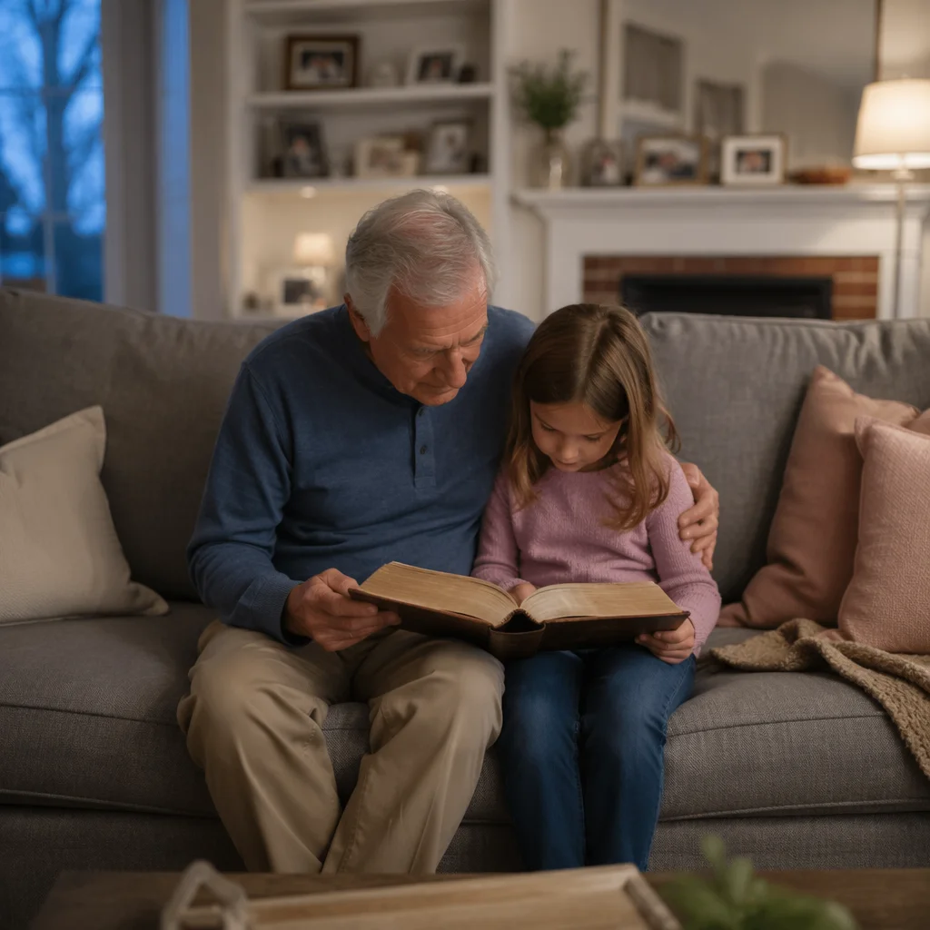 Grandfather and Grandchild Reading Bible at Home
