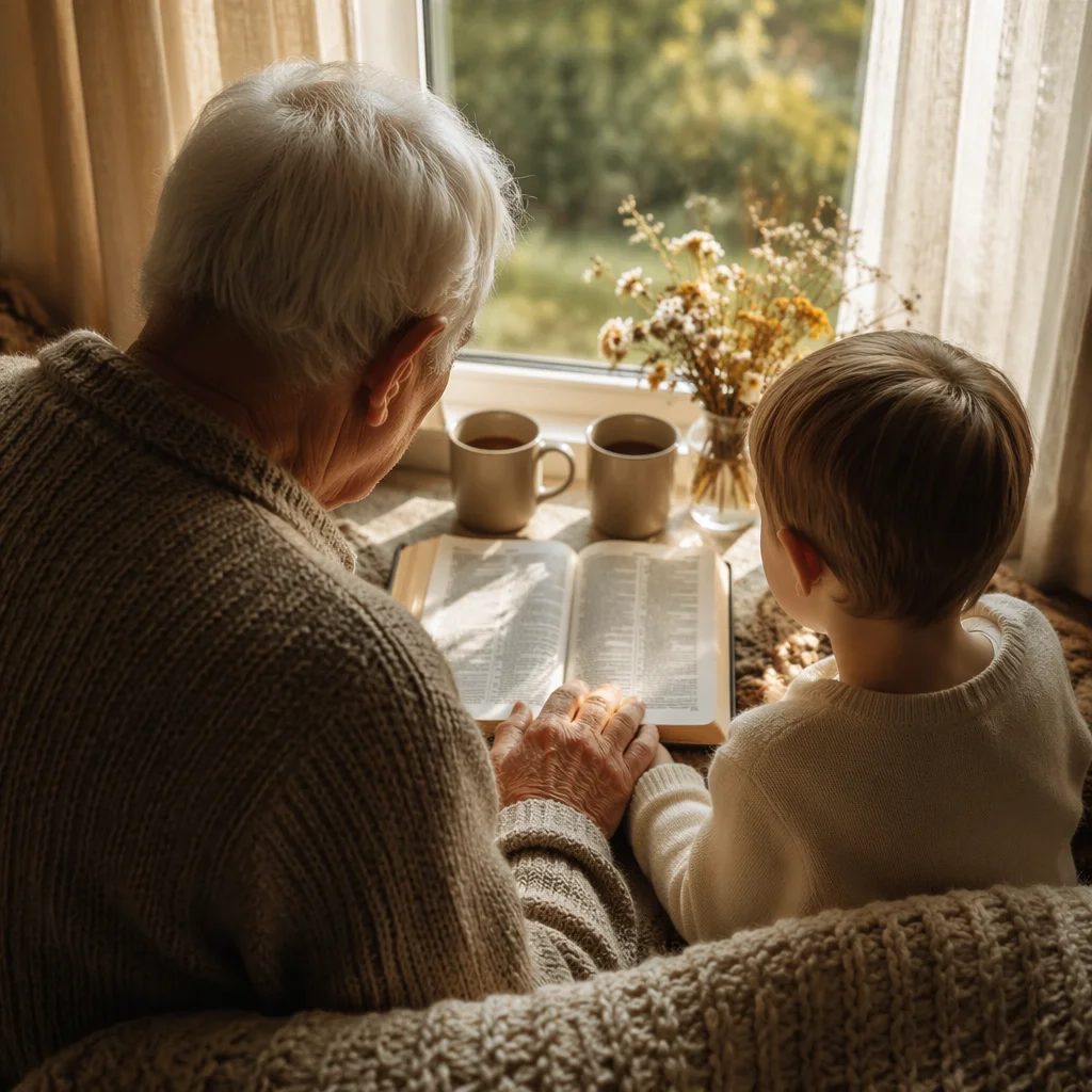 Grandfather and Grandchild Reading Bible Together