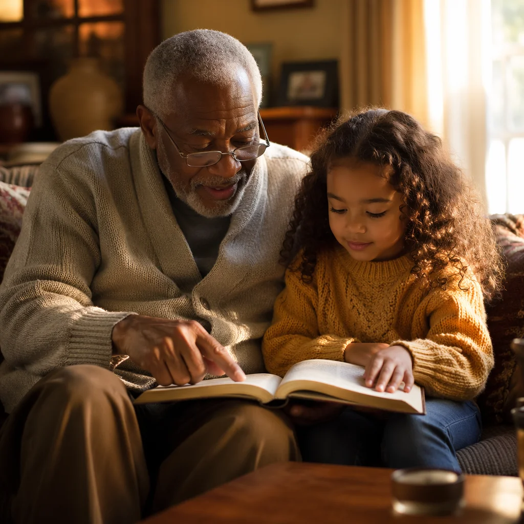 Grandfather and Granddaughter Reading Together