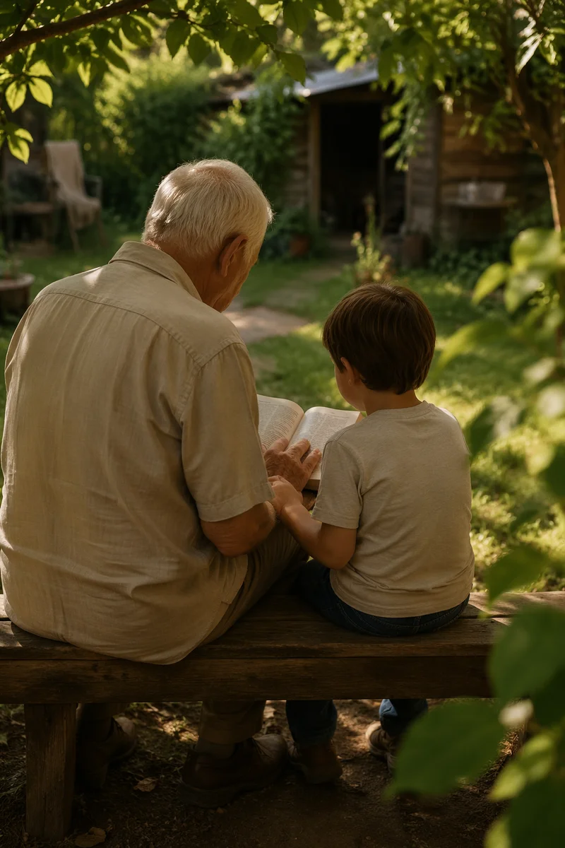 Grandfather and Grandchild Reading Bible Together