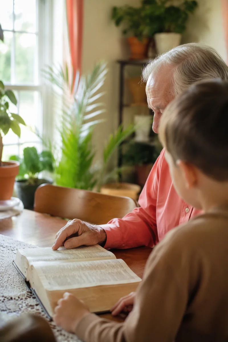 Grandfather and Grandchild Reading Bible Together
