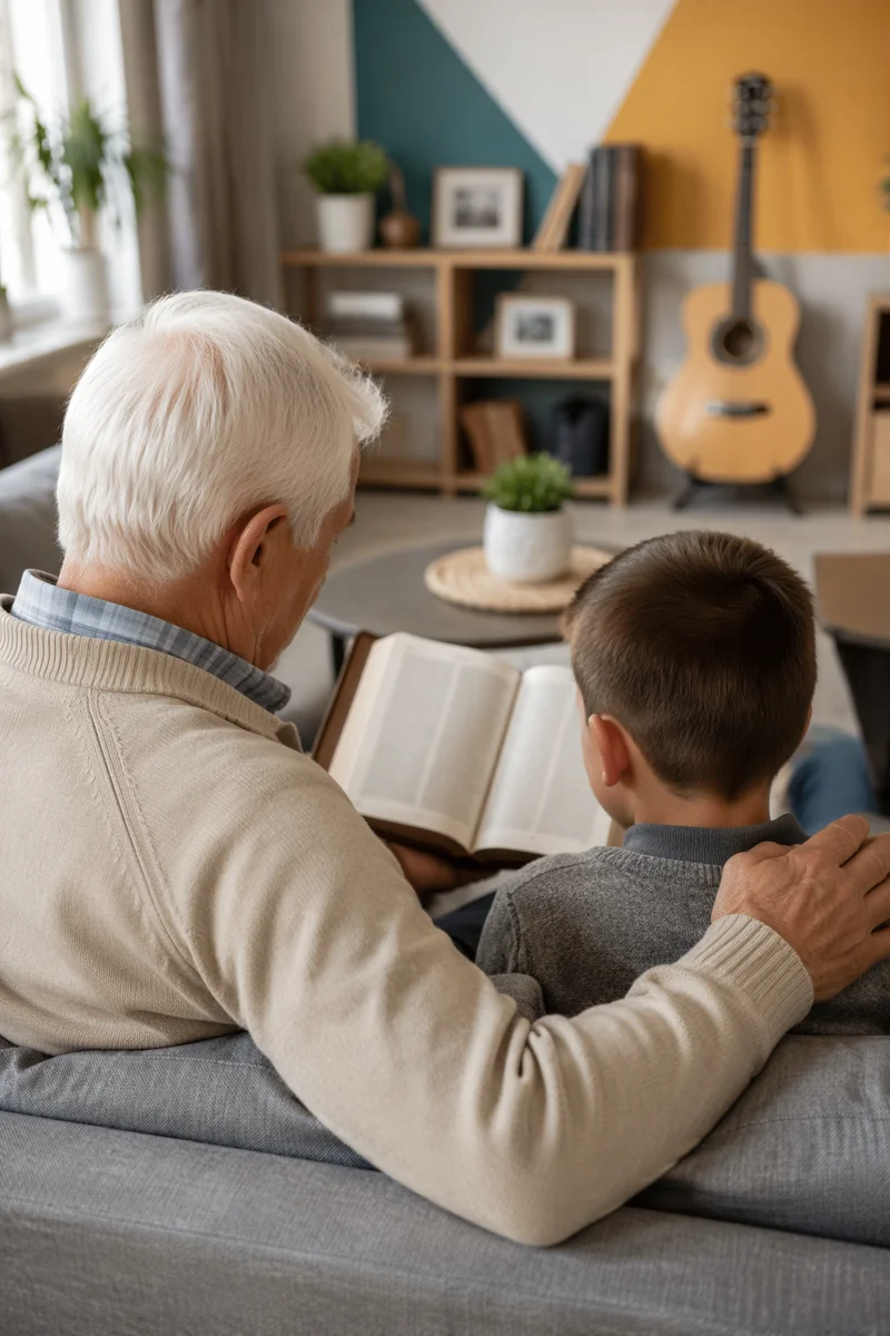 Grandfather and Grandchild Reading Bible Together