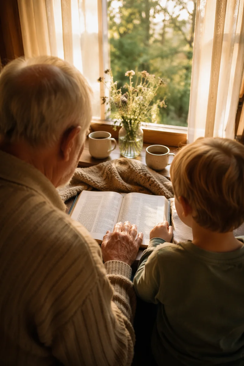 Grandfather and Grandchild Reading Bible at Home