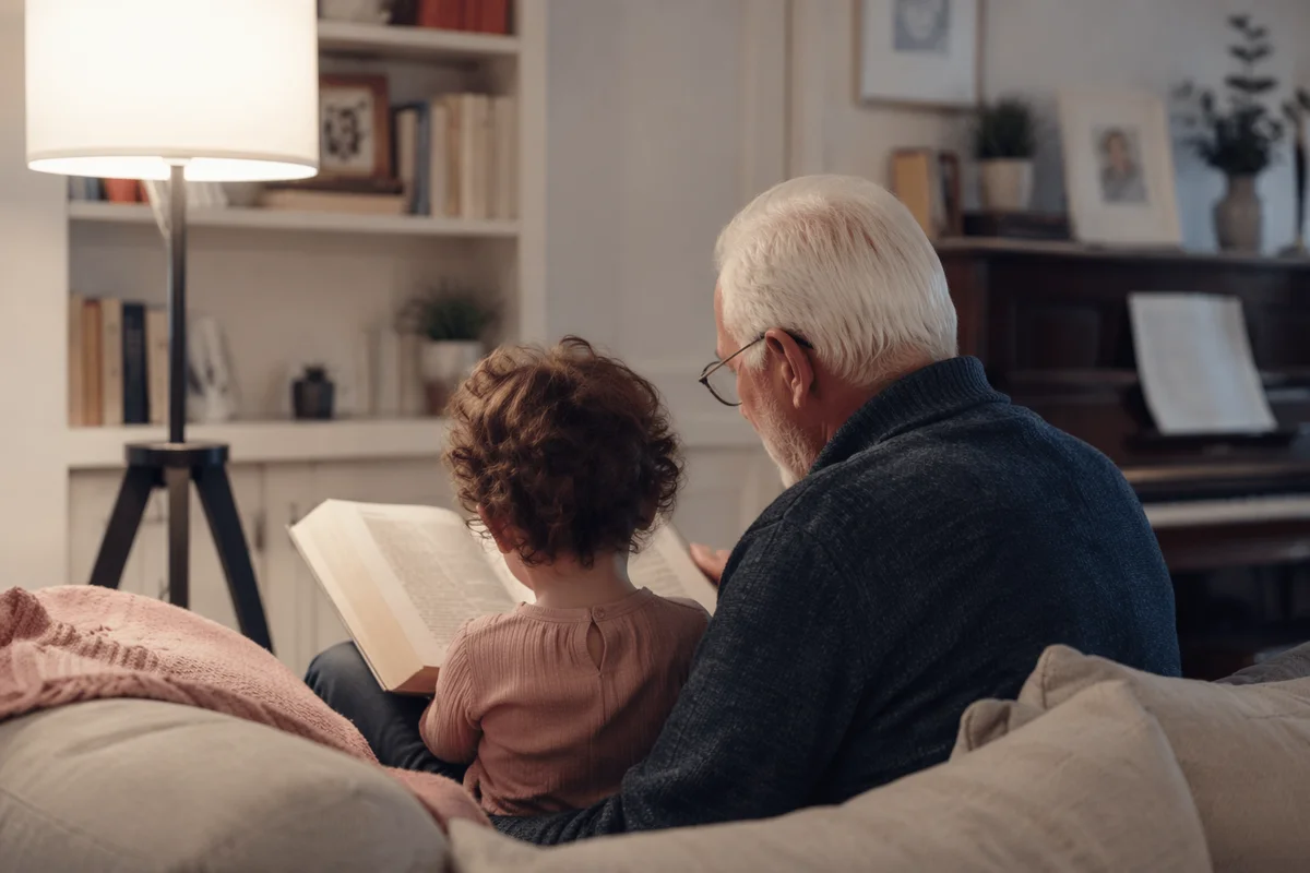 Grandfather and Grandchild Reading Bible at Home