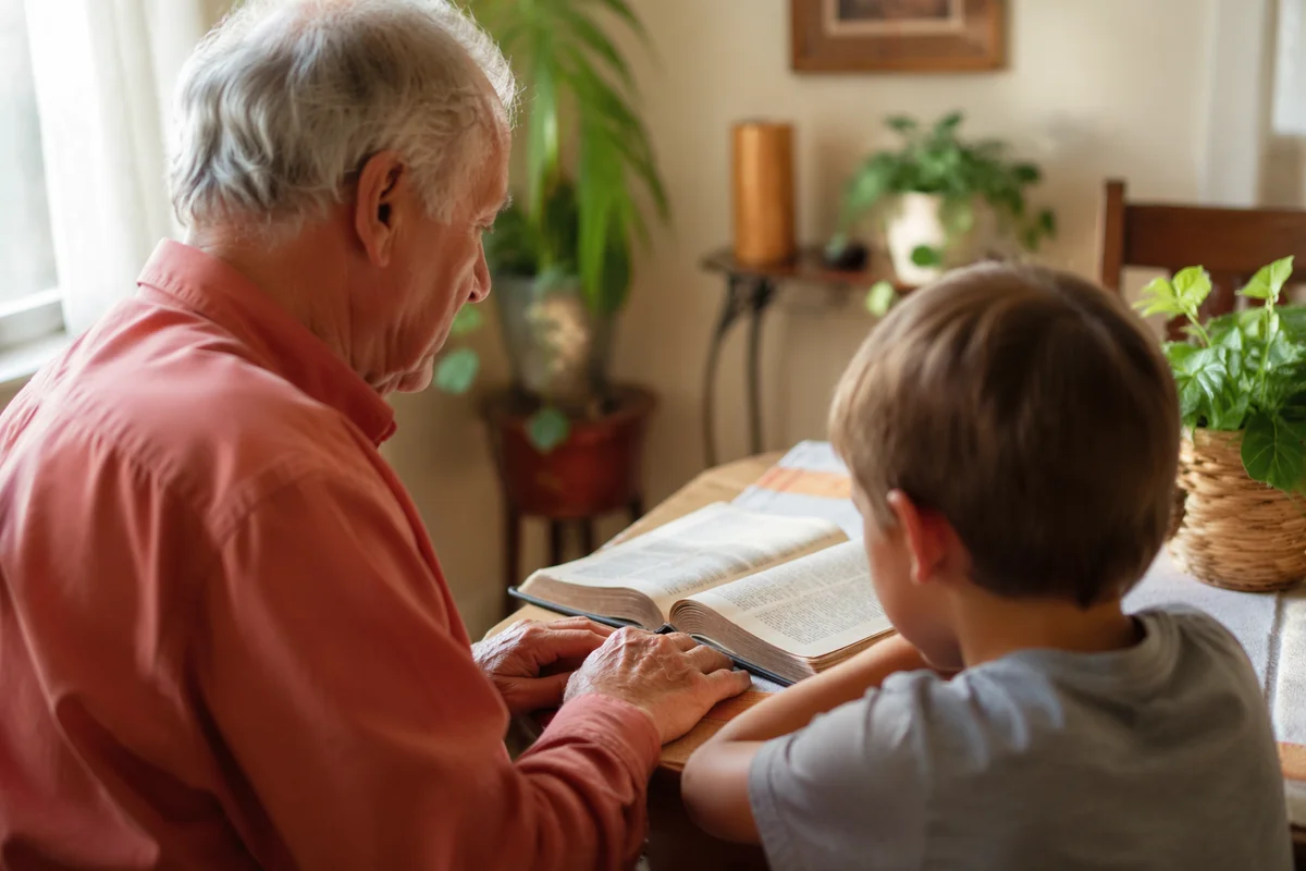 Grandfather and Grandchild Reading Bible Together