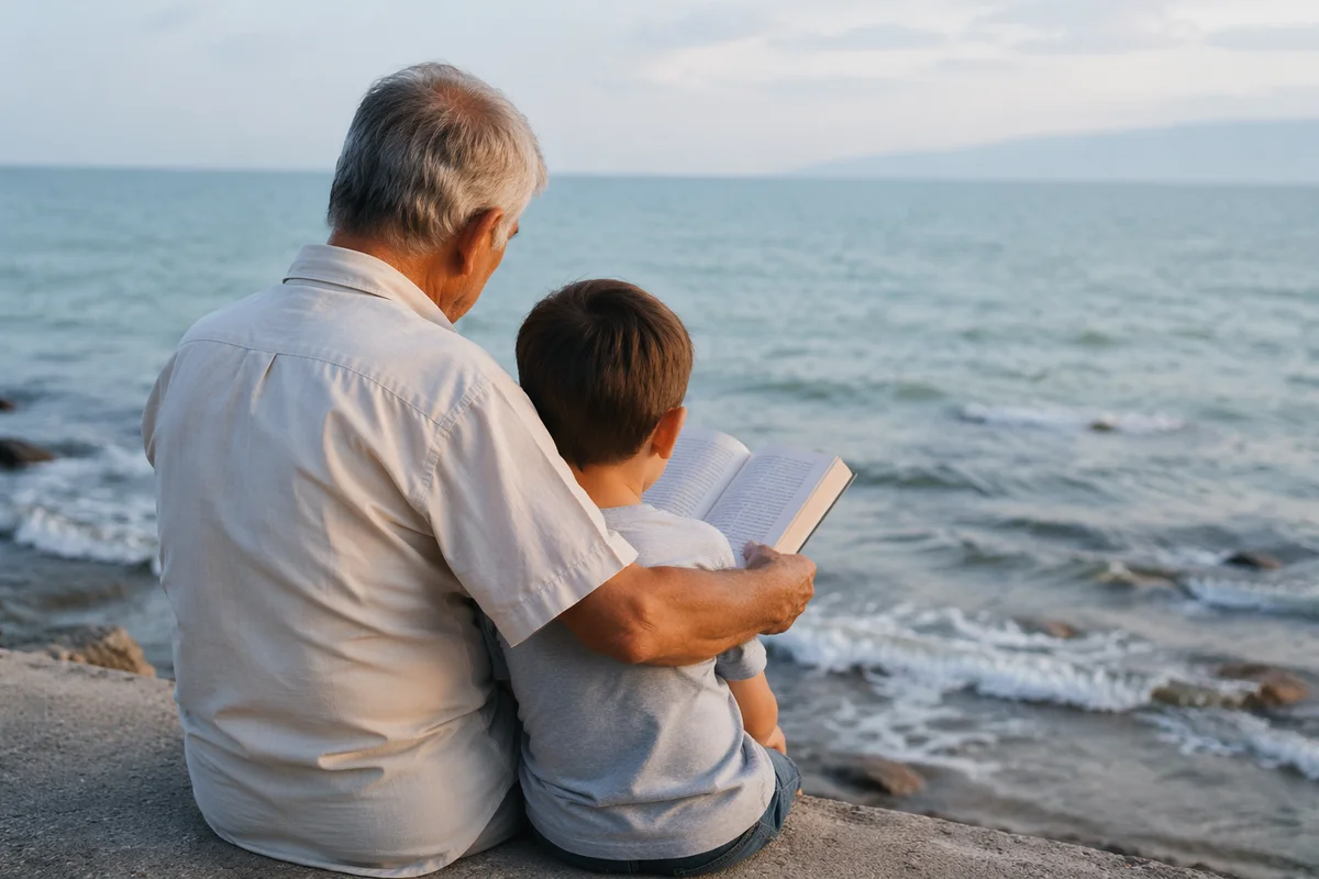 Grandfather and Grandchild Reading Scripture by the Sea