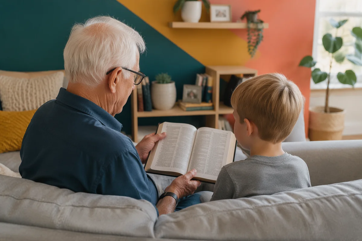 Grandfather and Grandchild Reading Bible Together