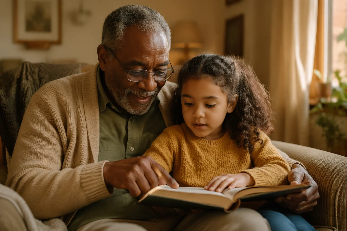 Grandfather and Granddaughter Reading Together