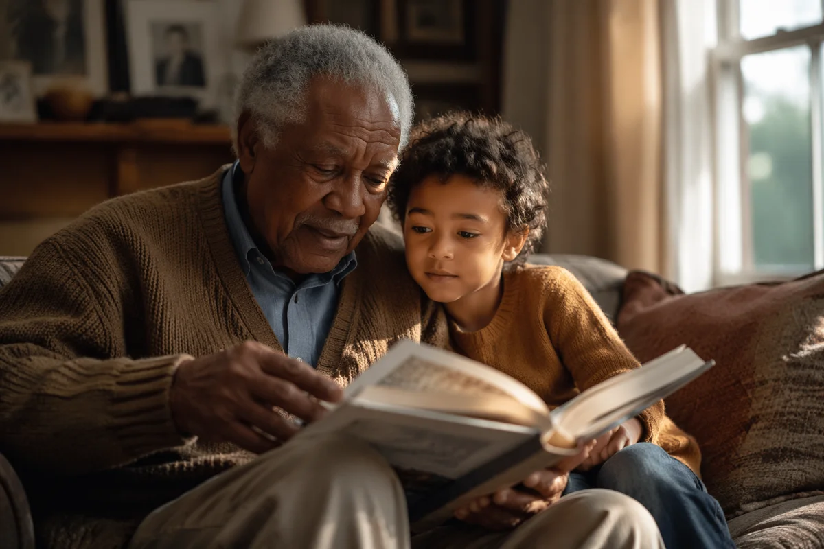 Grandfather and Child Reading Together on Sofa