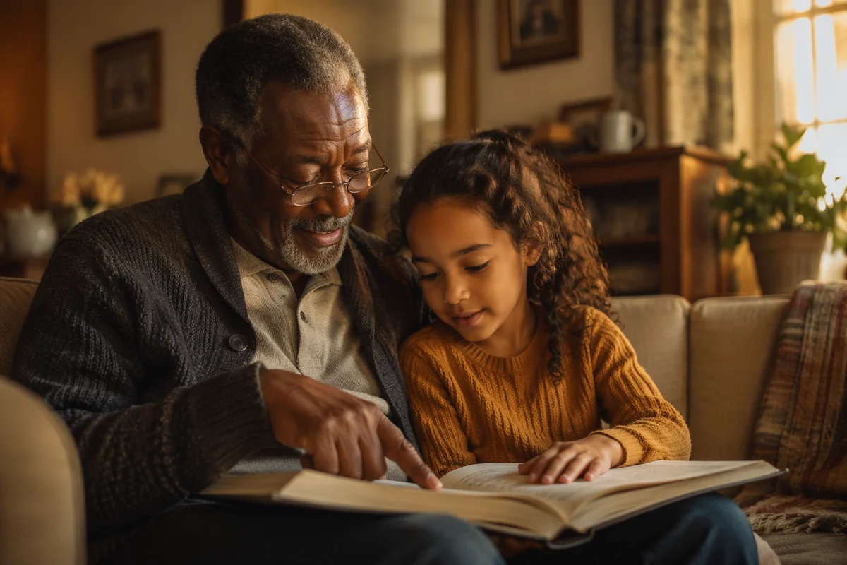 Grandfather and Granddaughter Reading on Sofa