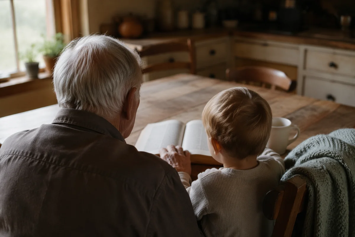 Grandfather and Grandchild Reading Bible at Morning Table
