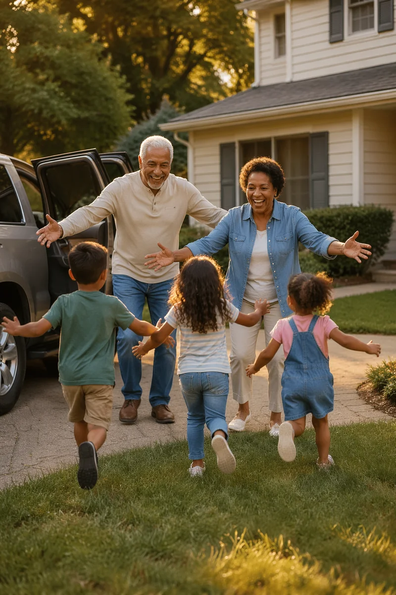 Grandparents Welcoming Grandchildren in Driveway