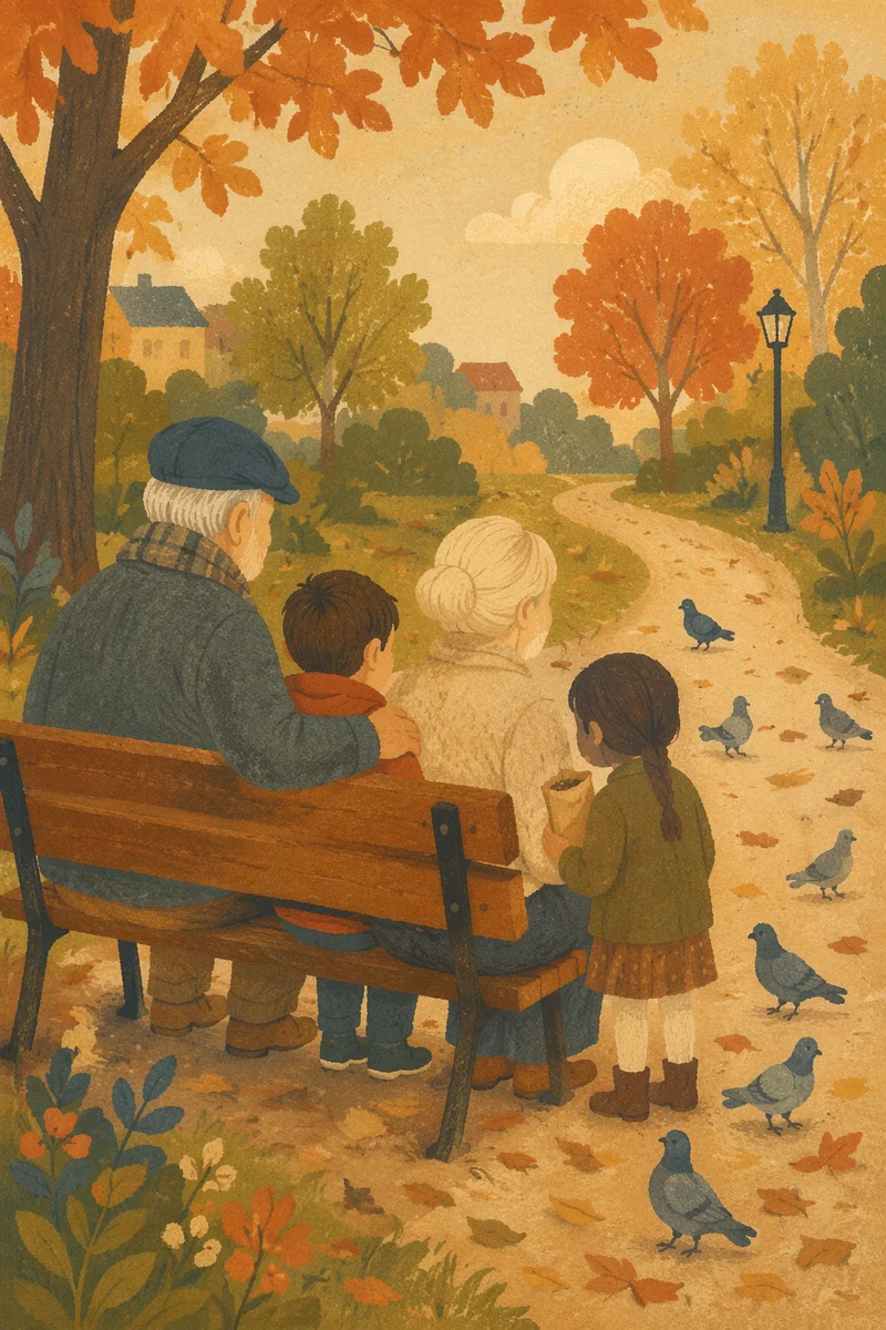 Grandparents and Grandchildren on Autumn Park Bench