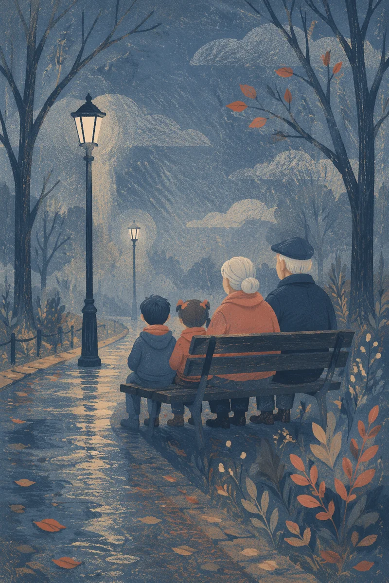 Grandparents and Grandchildren on Misty Park Bench