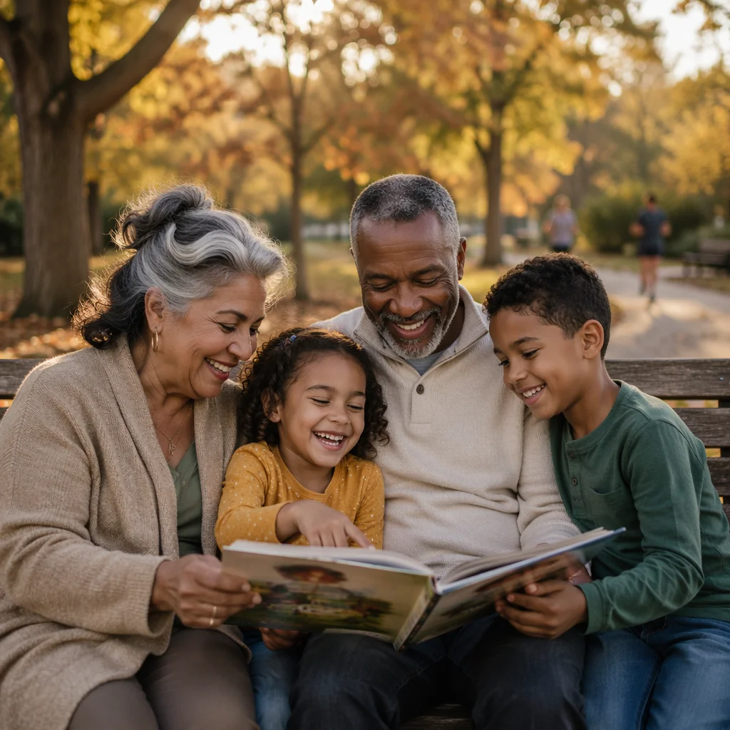Grandparents and Grandchildren on Park Bench
