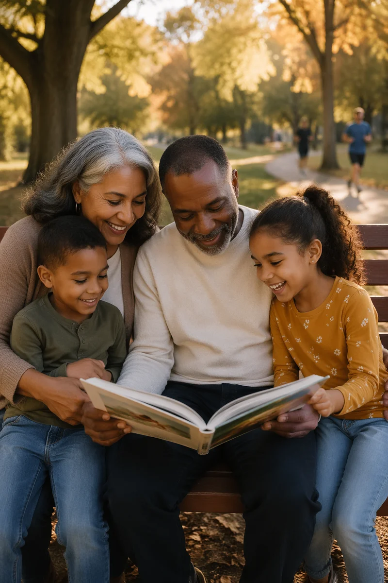 Grandparents and Grandchildren on Park Bench
