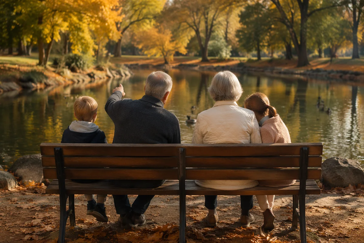 Grandparents and Grandchildren on Autumn Park Bench