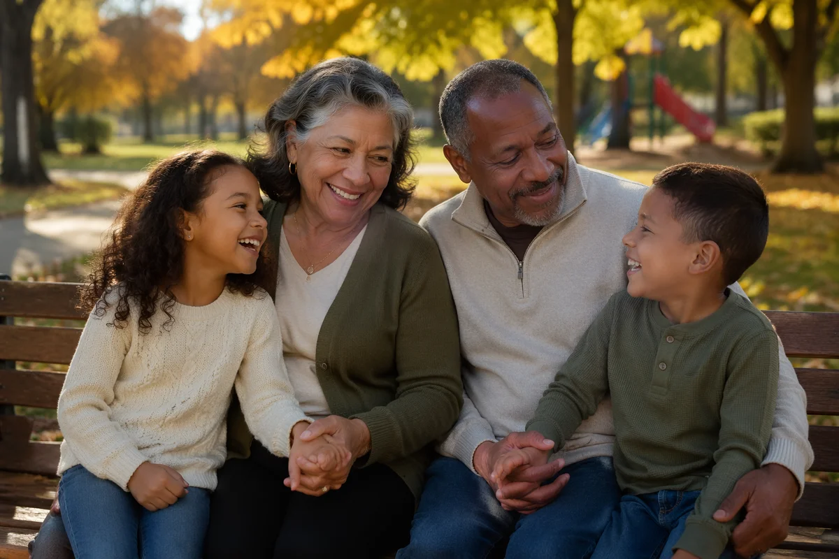 Grandparents and Grandchildren on Park Bench